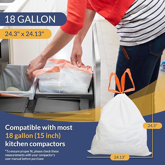 Reli. 18 Gallon Trash Compactor Bags (60 Pack) | 2 Mil Heavy Duty | Compatible with Kitchenaid, Whirpool, GE 15 Inch Compactors | No Slip Drawstring Kitchen Trash Bags | Leak-Proof & Tear Resistant