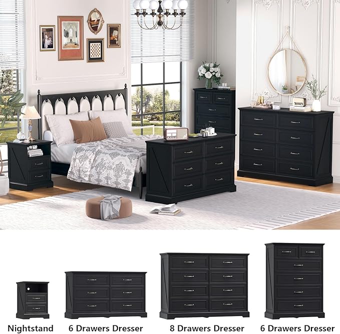 8 Drawer Dresser for Bedroom, 47" Wide Wooden Chest of Drawers, Rustic Farmhouse Dresser with Large Drawers & Metal Handles, Modern Storage Organizer for Closet, Living Room, Hallway, Black