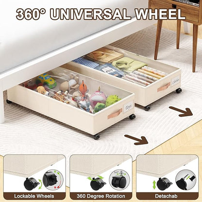 Under Bed Storage with Wheels, 2-Pack Under Bed Storage Containers with Clear Lids, XXL 65L Under the bed storage Organizer Bins, Rolling Under Bed Metal Drawer for Clothes,Shoes,Toys (White, 2-Pack)