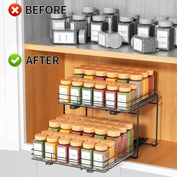 RCHYFEED Spice Organization for Cabinet,2 Tier Pull out Spice Rack Organizer for Inside Cabinets & Pantry, Slide out Heavy Duty Spice Shelf Rack for Kitchen Seasoning (11.5" Wx10.5 Dx9.5 H)