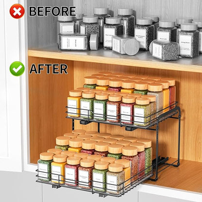 RCHYFEED Spice Organization for Cabinet,2 Tier Pull out Spice Rack Organizer for Inside Cabinets & Pantry, Slide out Heavy Duty Spice Shelf Rack for Kitchen Seasoning (11.5" Wx10.5 Dx9.5 H)