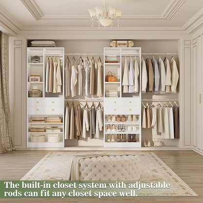 Closet System, Up to 134"/11.2 FT Closet Organizer with 4 Wooden Drawers and Shelves, Walk-in Closet System with 6 Hanging Rods, Built-in Closet Can Fit 96"/8FT, 120"/10FT, White