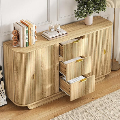 63" Tambour Dresser for Bedroom with 3 Drawers, Modern Chest of Drawers with Sliding Doors & 8 Shelves, Fluted Dresser Storage Organizer for Bedroom, Closet, Living Room(Natural)