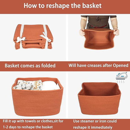 Cotton Rope storage Basket Bins Woven Basket for Organizing Shelves Rectangle Decorative Baskets For storage Clothes Toys Books Towels Square Wicker Nursery basket organizer 3 pack Rust