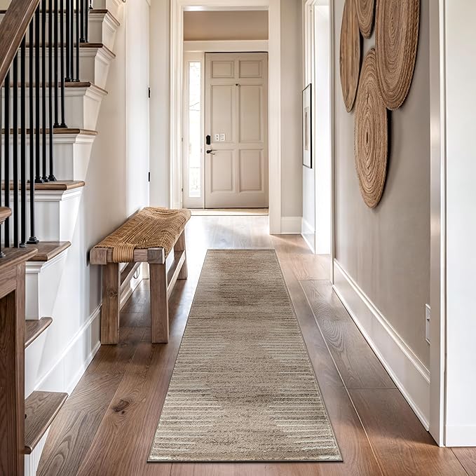 Rugshop Bohemian Stripe Stain Resistant High Traffic Living Room Kitchen Bedroom Dining Home Office Runner Rug 2' x 7' Beige