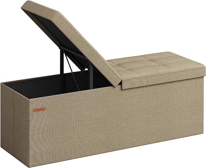SONGMICS Mazie Collection - 43 Inches Storage Ottoman, Foldable Storage Bench with Flipping Lid, 660 lb Load Capacity, for Entryway, Living Room, Bedroom, Camel Brown ULSF076K01