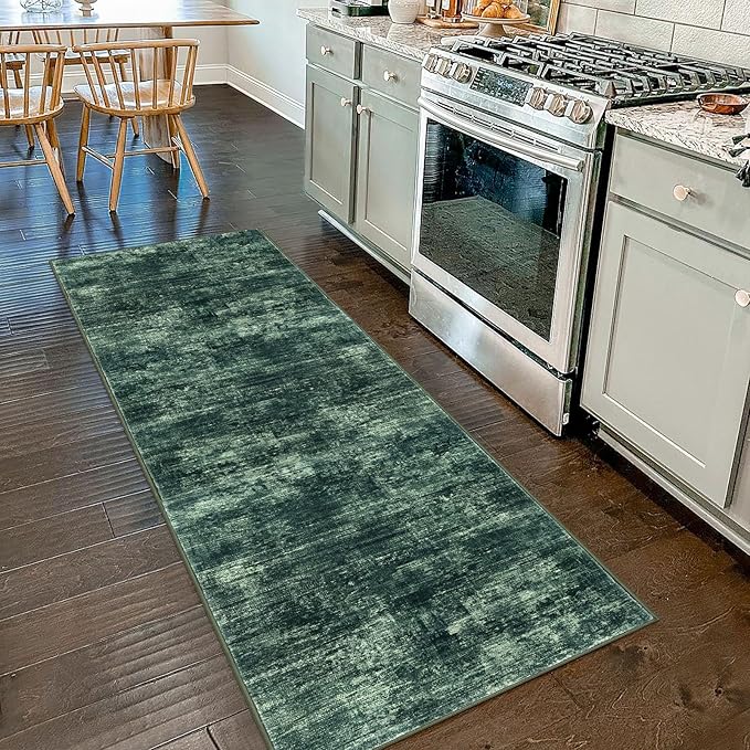 IOHOUZE Abstract Runner Rug 2x7 Ft Washable Runners for Hallways, Non Slip Kitchen Runner Printed Faux Wool Entryway Runners Indoor, Modern Abstract Floor Carpet for Hall Kitchen Bedroom, Dark Green