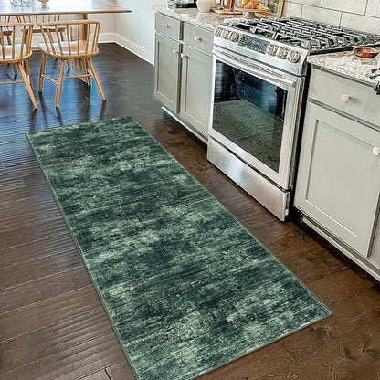 IOHOUZE Abstract Runner Rug 2x7 Ft Washable Runners for Hallways, Non Slip Kitchen Runner Printed Faux Wool Entryway Runners Indoor, Modern Abstract Floor Carpet for Hall Kitchen Bedroom, Dark Green