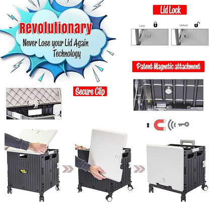 dbest products Quik Cart Swing Lid Four Swivel Wheeled Rolling Crate Teacher Utility with seat Heavy Duty Collapsible Basket with Dual Telescopic Wagon Handle