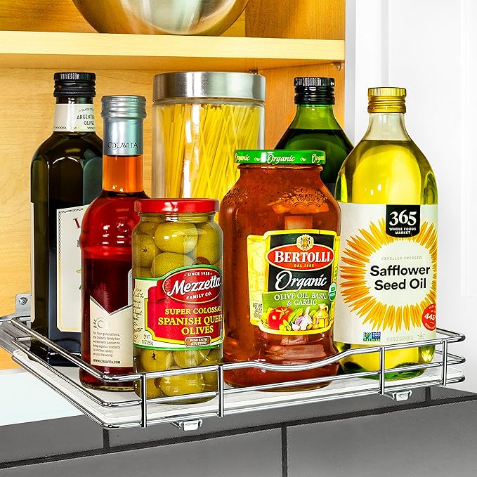 LYNK PROFESSIONAL® Pull Out Spice Rack Organizer for Inside Kitchen Cabinets - 12-1/4 inch Wide - Slide Out Drawer – Chrome Sliding Spice Cabinet Organization Shelf Racks - 1 Tier