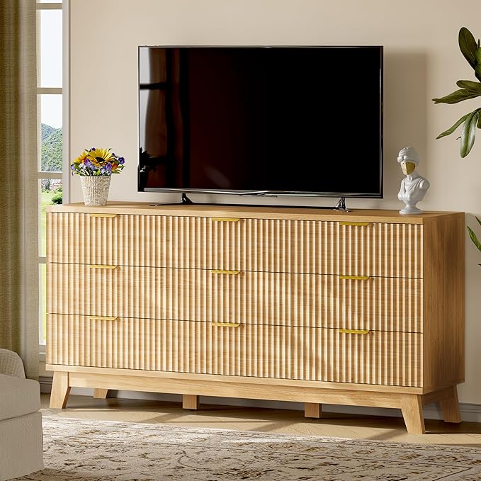 Fluted Dresser with 9 Drawers, 63" Wide Modern Chest of Drawers with Metal Handle, Wooden Dresser TV Stand, Wood Closet Clothes Storage Organizer for Bedroom, Living Room, Hallway, Natural Oak