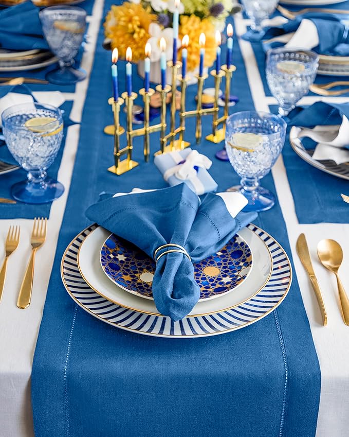 Solino Home Linen Table Runner 48 Inches - 100% Pure Linen Indigo Blue Hemstitch Table Runner 14 x 48 Inch Ideal for Dresser and Coffee Tables - Christmas, Holiday, New Year - Classic Hemstitch