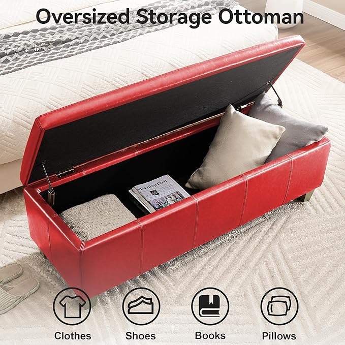 51" Faux Leather Storage Ottoman, Stitch Tufted Rectangle Upholstered End of Bed Storage Bench, Entryway Large Couch Ottoman with Wooden Legs,Red