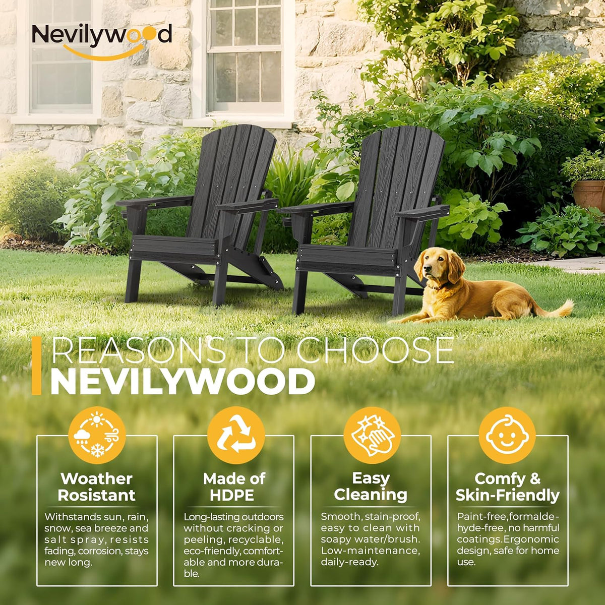 Folding Adirondack Chair - Extended Ergonomic Backrest, Cup Holder - Easy Assembly - Durable HDPE Plastic, Weather Resistant & Maintenance-Free - Lawn, Patio, Deck Supports 380lbs Black