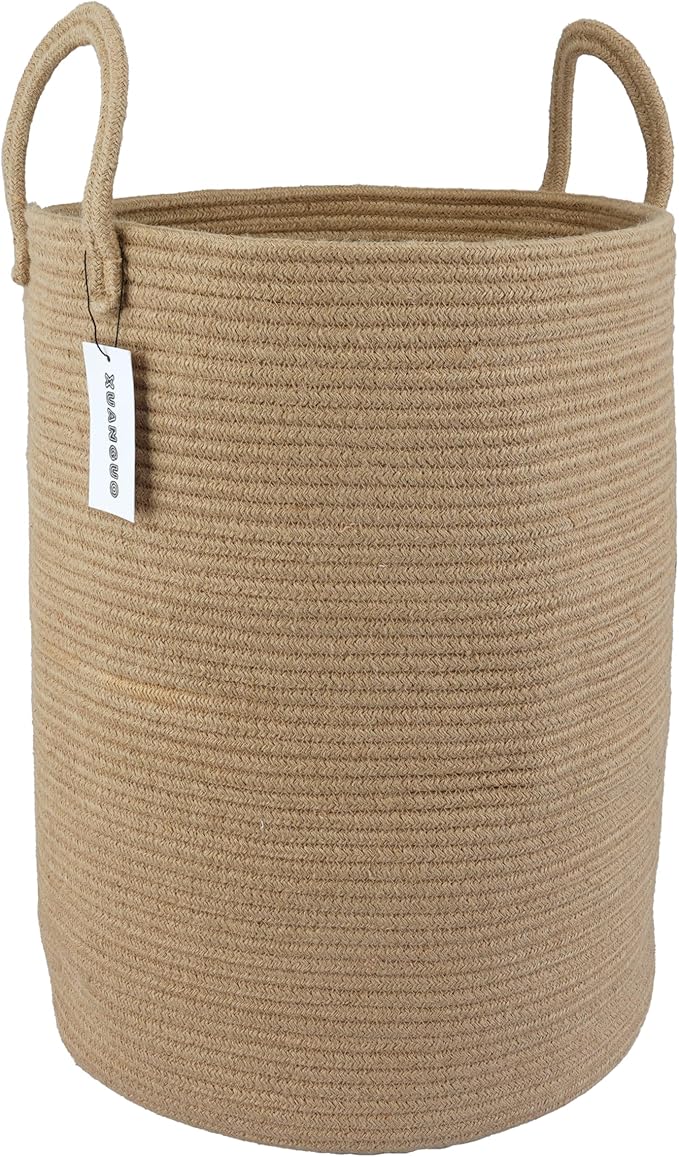 Cotton Rope Laundry Basket Hamper for Clothes Woven Storage Basket for Living Room Bedroom Boho Tall Rope Baskets for Blanket Toys Pillow Towels Baby Nursery Hamper Bin Large jute