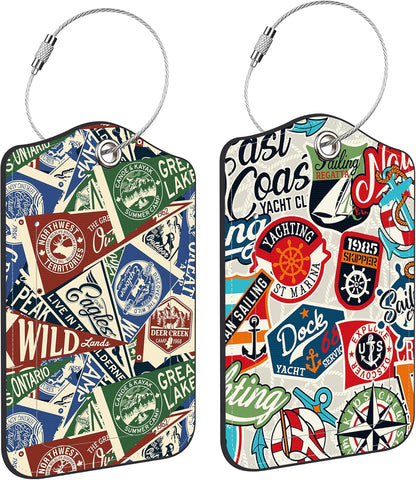 2 Pack Luggage Tag for Suitcase Nautical Patches Mountain Lake Camp Flag Leather Suitcase Tags with Privacy Name ID Label and Stainless Steel Loop for Travel Bag