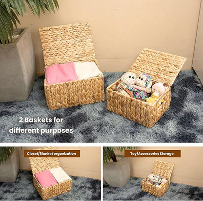 Wicker Storage Baskets with Lid, Set 2 Basket With Lid Decorative Storage Rectangle Wicker Storage Basket With Lid Large Rattan Storage Box Hyacinth Baskets