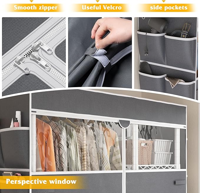 Raybee Clothes Rack with Cover,Clothing Racks for Hanging Clothes with Wheels and Adjustable Feets,Rolling Heavy Duty Garment Rack,White