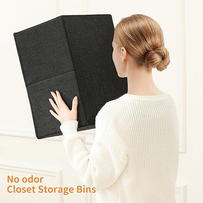 linen closet organizers and storage, 3 Pack Large Storage Baskets, Washable, Clothing Storage Bins with Handle, Closet Organizer for Storage Sweater,Sheets (Black, 16"x9½"x6¾")