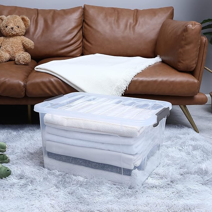 Citylife 44.4 QT Plastic Storage Bins with Latching Lids Stackable Storage Containers for Organizing Large Clear Storage Box for Garage, Closet, Kitchen, 4 Packs