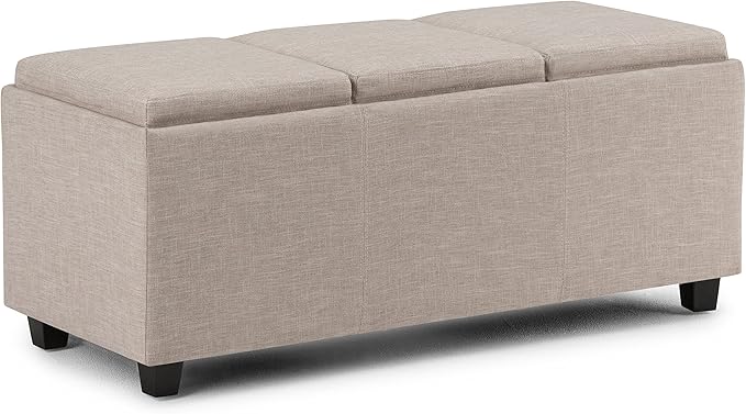 SIMPLIHOME Avalon 42 inch Wide Contemporary Rectangle Storage Ottoman in Natural Linen Look Fabric, Assembled, for the Living Room, Entryway and Family Room