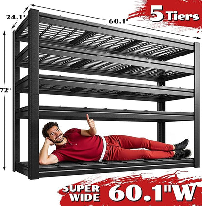 60.1" W Garage Shelving 3125LBS Metal Shelving Extra Wide Storage Shelves Adjustable 5 Tier Garage Shelves Industrial Metal Shelf for Basement Warehouse Shop 60.1" W x 24.1" D x 72" H