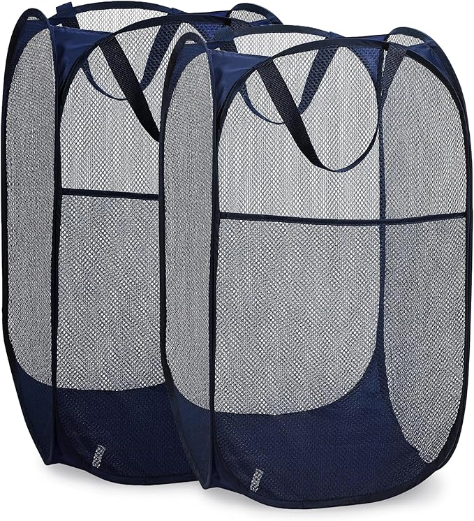 Handy Laundry Collapsible Mesh Pop Up Hamper with Wide Opening and Side Pocket - Breathable, Sturdy, Foldable, and Space-Saving Design for Clothes and Storage (Blue | 2-Pack)
