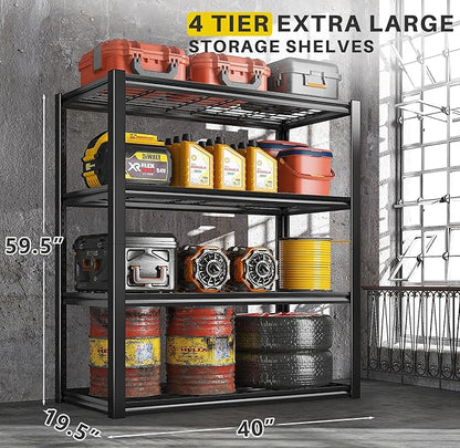 REIBII 40" W Garage Shelving 2240 LBS Storage Shelves Adjustable Metal Shelving Heavy Duty 4 Tier Metal Shelves for Garage Kitchen Pantry Warehouse Basement 40" W × 19.5" D × 59.5" H