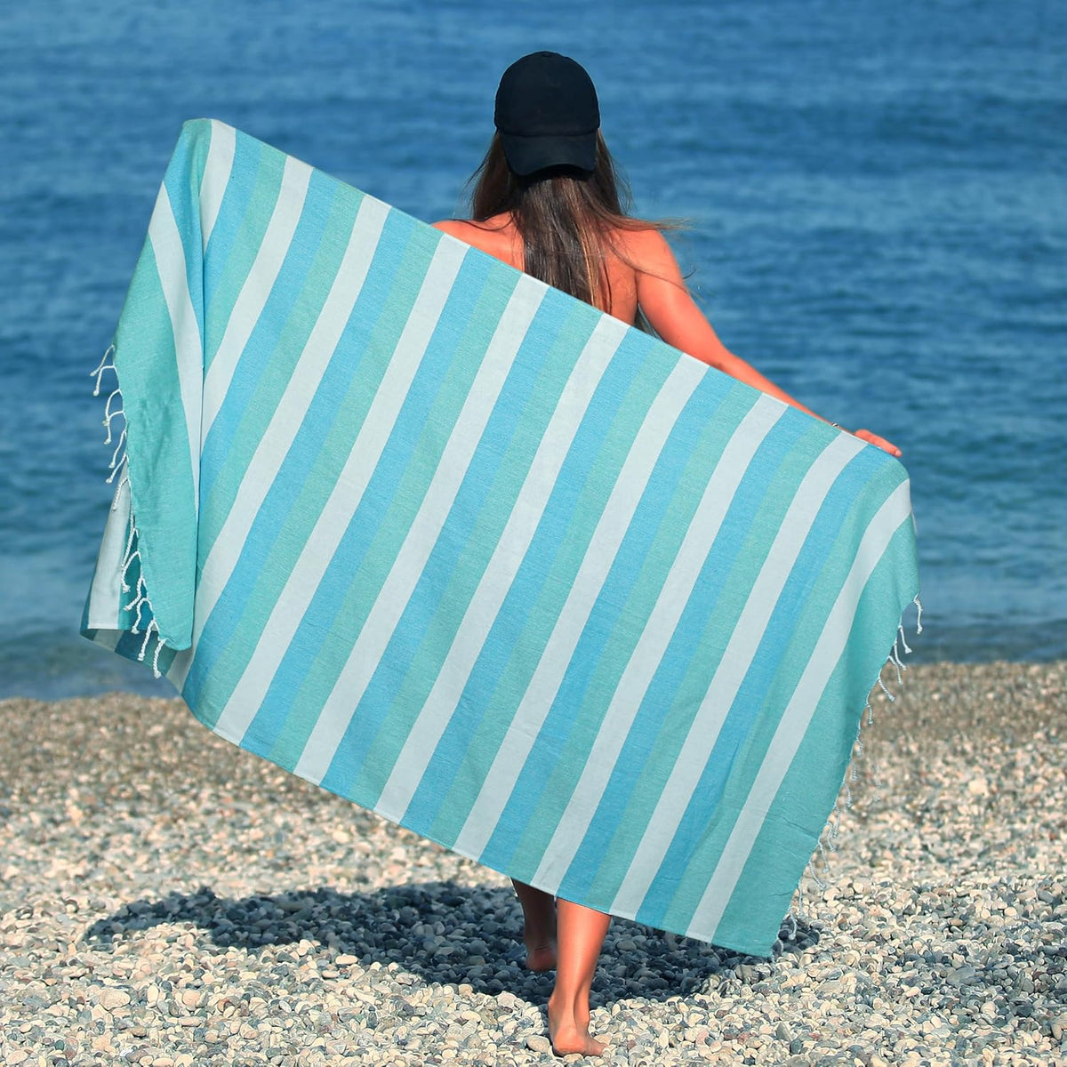 HILLFAIR Cotton Turkish Beach Towels, Quick Dry Lightweight Sand Free Peshtemal Towel for Bath Swim Yoga Spa Travel, Beach Accessories, Oversized Cotton Turkish Towels (39 x 72 inch- 4 Pack Sea)