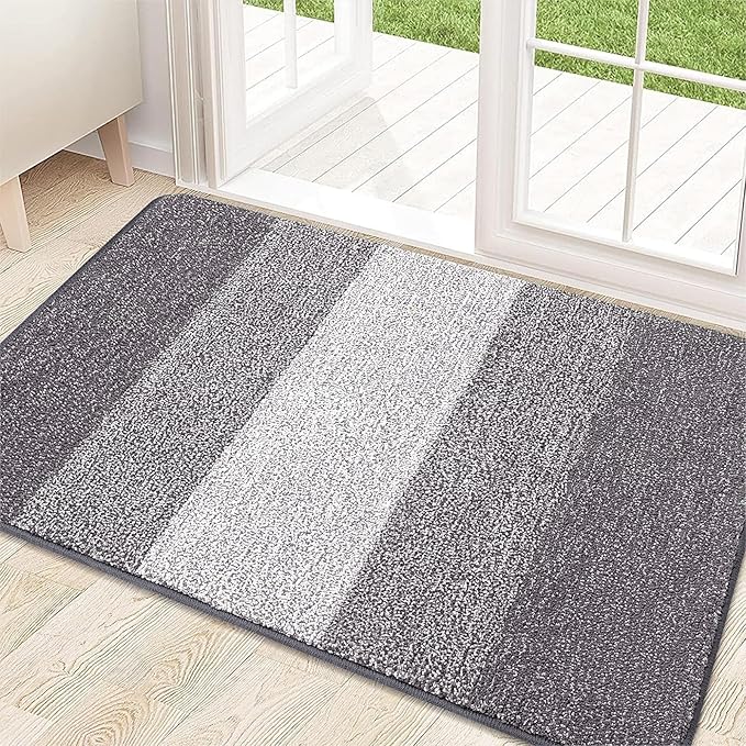 Kitinjoy Indoor Outdoor Door Mat, 30x17 Non-Slip Absorbent Dirt Trapper, Low-Profile Washable Inside Entrance Front Floor Mat, Sturdy Soft Entry Doormats for Entryway, Light Grey