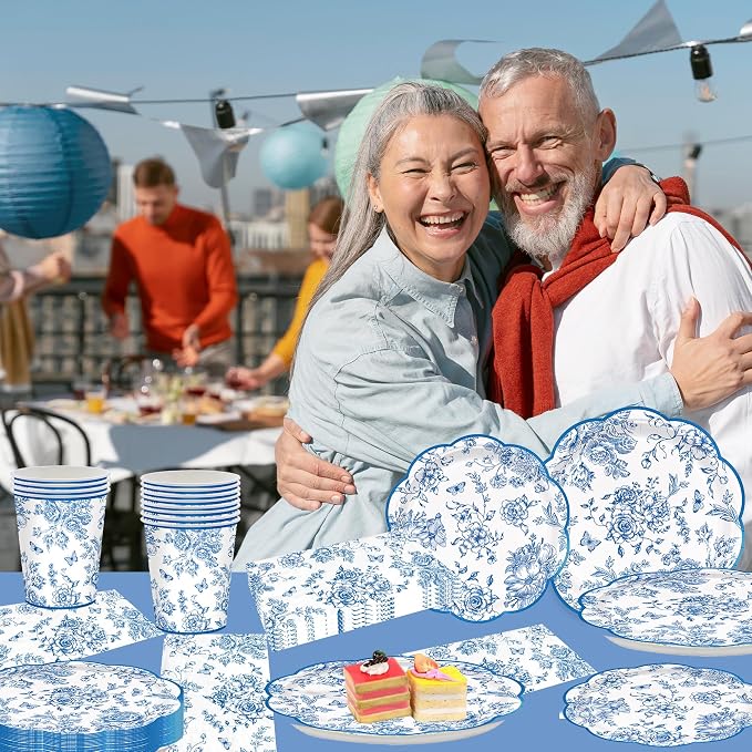 100pcs Blue Floral Paper Plates Napkins Flower Scalloped Tableware | Disposable