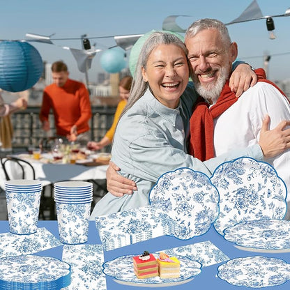100pcs Blue Floral Paper Plates Napkins Flower Scalloped Tableware | Disposable