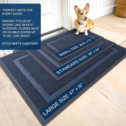 OLANLY Front Door Mat Indoor Outdoor Entrance, Waterproof All-Season, All-Weather Doormat, Sturdy Natural Rubber, Fade Resistant, Low Profile, Easy Clean Patio Porch Entryway Mat, 59x30, Blue
