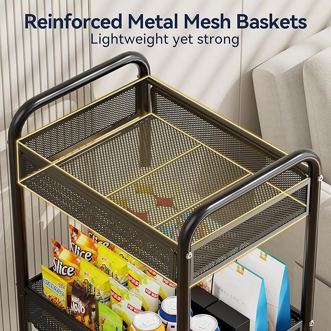 YASONIC 3 Tier Rolling Cart – Metal Utility Storage Cart with Wheels, Craft Cart Organizer with Hanging Cups, Hooks, Mesh Basket for Bedside Kitchen Office Art, Black