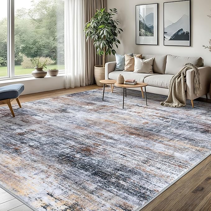 IOHOUZE Abstract Area Rugs 8x10 Ft Washable Large Rugs for Living Room, Non Slip Dining Room Rug, Printed Faux Wool Rugs for Bedroom, Floor Carpet for Office Nursery Playroom, Orange Grey