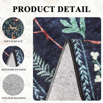 DUKINO Runner Rug, 2x8 Washable Kitchen Rugs for Hallways with Non Slip Backing, Soft Low Pile Vintage Animal Runner for Kitchen, Hallway, Entryway, Laundry, Bedroom, Navy Blue
