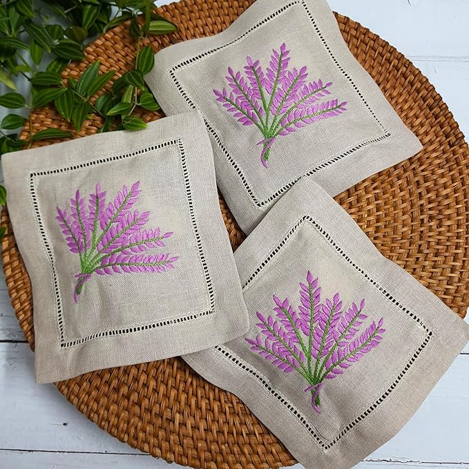 Hcraft Hand Embroidered Lavender Sachet Bags, 6"x6" Set of 3 Embroidery Natural Linen, Lavender Sachets for Drawers and Closets, Dried Lavender