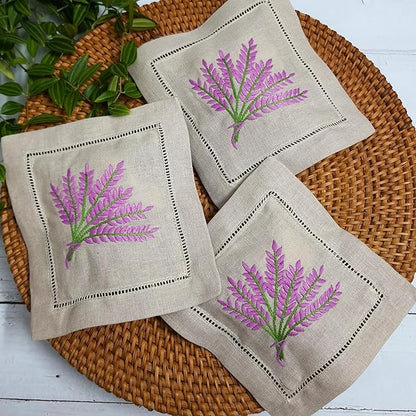 Hcraft Hand Embroidered Lavender Sachet Bags, 6"x6" Set of 3 Embroidery Natural Linen, Lavender Sachets for Drawers and Closets, Dried Lavender