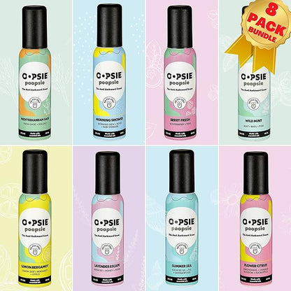 Oopsie Poopsie Pre-Poo toilet spray, discreet & portable original odor deodorizer scents. Pocket-friendly pre-poo spray to use on the go 2oz 8-bottle variety pack for 8-distinct aroma experience
