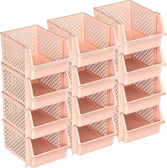 Skywin Stackable Storage Bins for Pantry, 12 Pack Stackable Bins For Organizing Food, Kitchen, and Bathroom Essentials (Light Pink)