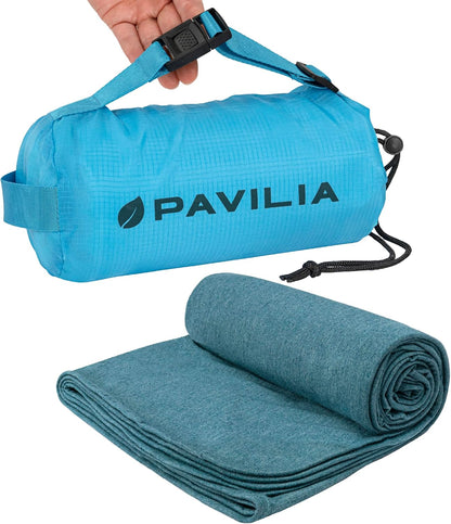 PAVILIA Travel Blanket Airplane Compact with Bag, Soft Packable Plane Blanket Kids Adults, Portable Camping Flight Essentials, Travelers Gifts Accessories, Luggage Backpack Strap, 65x40 Teal Blue