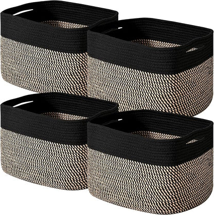 Storage Baskets for Shelves Organizing, Woven Cotton Rope Baskets for Storage, Book Basket, Decorative Shelf Basket, 12.5"Lx9.1''Wx7.9''H (4 Packs) Black & Jute
