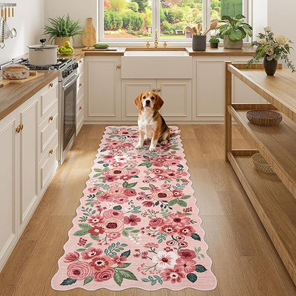 DUKINO 2x6 Runner Rug for Hallway, Washable Kitchen Rug with Non Slip Backing & Non-Shediing, Soft Low Pile Floral Design Runner for Bedroom, Kithchen, Living Room, Laundry, Bathroom, Pink