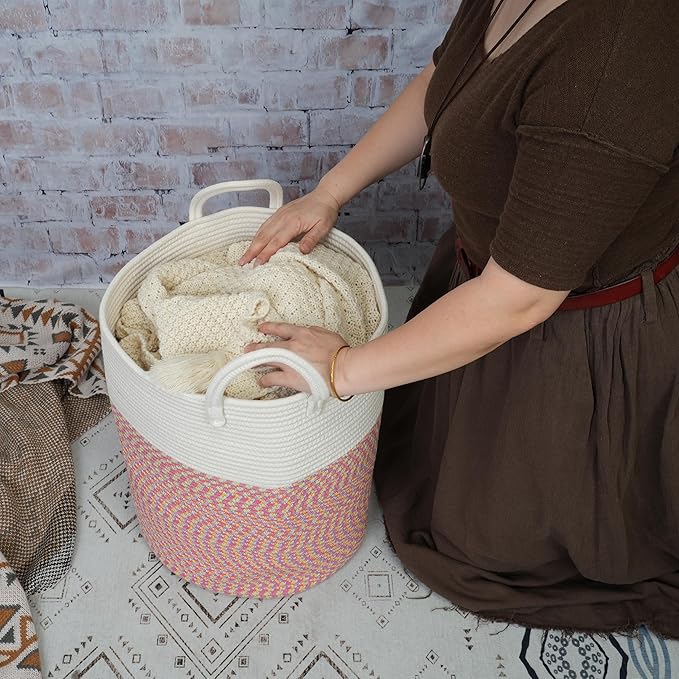 Cotton Rope Laundry Basket Hamper for Clothes Woven Storage Basket for Living Room Bedroom Boho Tall Rope Baskets for Blanket Toys Pillow Towels Baby Nursery Hamper Bin Large (multicolor)