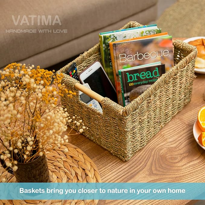 Natural Seagrass Basket with Wooden Handle, Medium Rectuangular Wicker Basket for Living Room 12.2 x 8.9 x 6.7 inches - 3 Pack