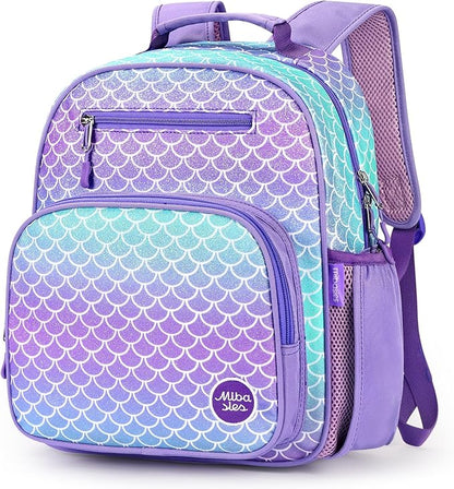 mibasies Girls Backpack 5-8: Glitter Kids Backpacks for Girls - Girl Bookbag for Elementary School - Fish Scale Purple