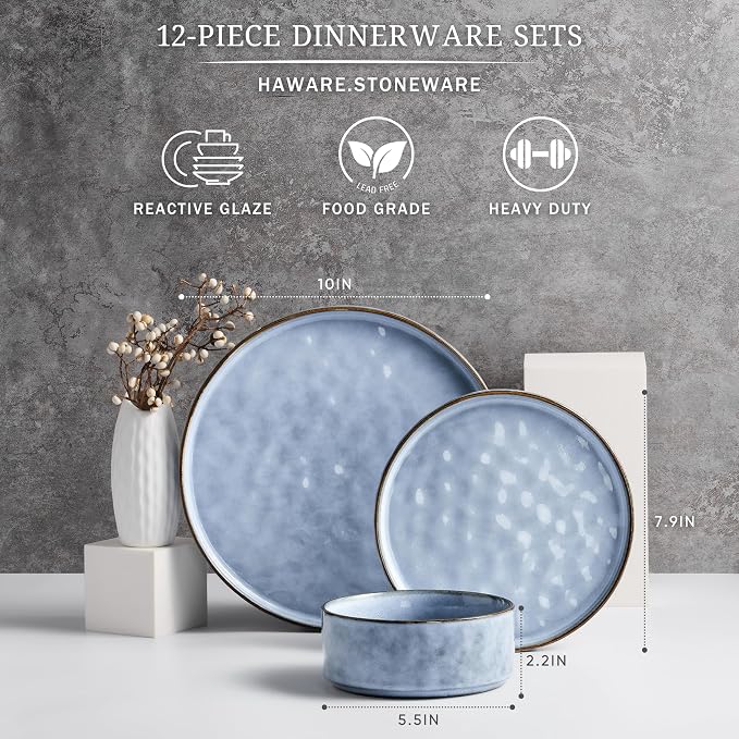 HaWare Dinnerware Sets, 12-Piece Plates and Bowls Set, Reactive Blue |