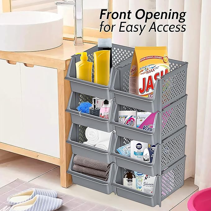 TidyFriend Plastic Stackable Bins for Pantry, 8 Pack Large Stacking Bins Open Front Kitchen, and Bathroom Organization, Open Front Design (Grey)