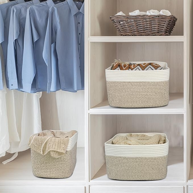 Cotton Rope storage Basket Bins Woven Basket for Organizing Shelves Rectangle Decorative Baskets For storage Clothes Toys Books Towels Square Wicker Nursery basket organizer 3 pack white and brown
