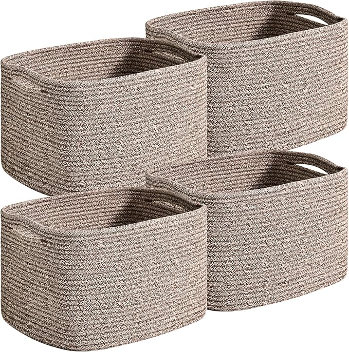 Small Storage Baskets for Organizing Shelves, Cotton Rope Basket for Storage, Cute Rectangular Book Toy Basket, 12.7"×9.1"×7.9", 4 Packs, Dark Brown